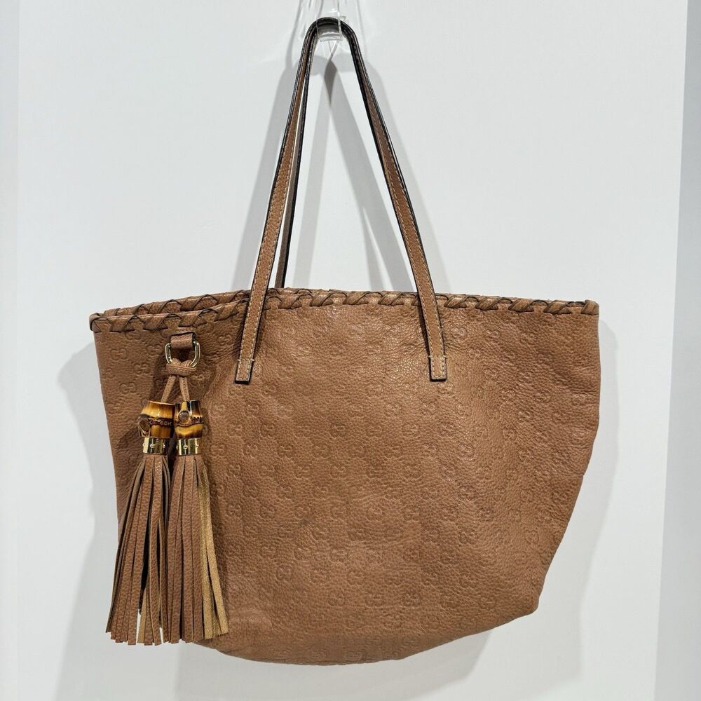 Authentic GUCCI Bamboo Guccissima Leather Tote Bag Brown Tassel 218780